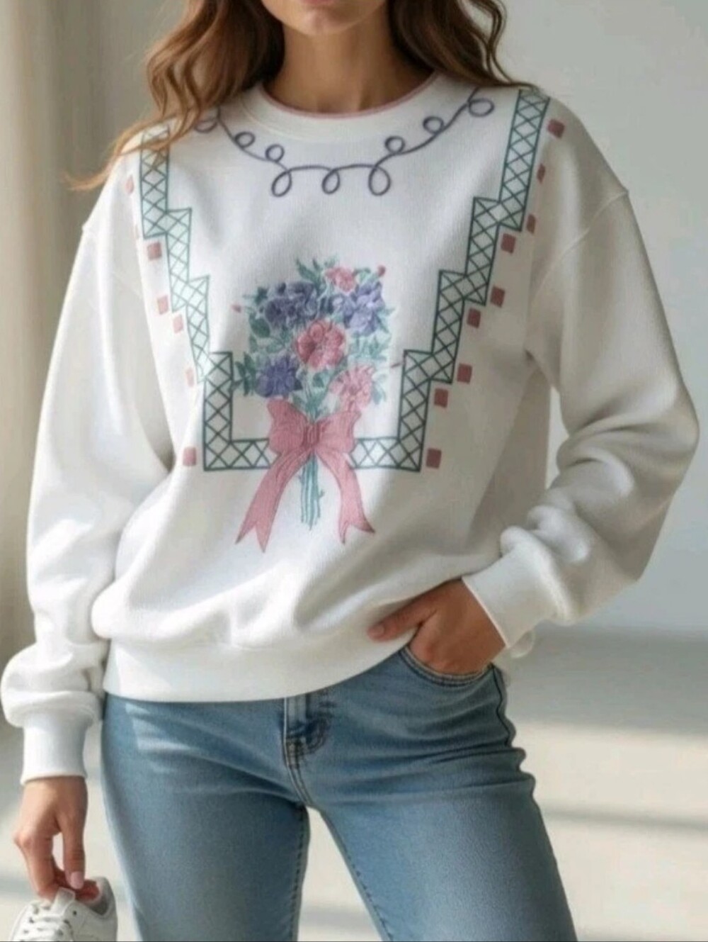 Vintage Alfred Dunner Sweater Embroidered White Bouquet Cottagecore Grannycore M